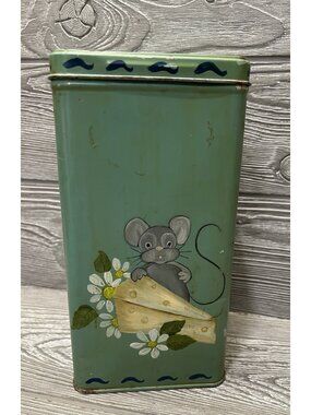 Vintage Hand Painted Metal Cracker Tin Country Mouse with Cheese 9” X 4.5”